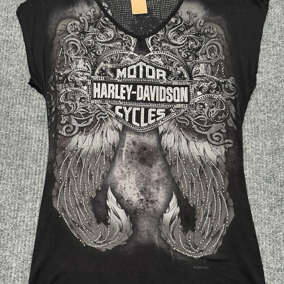Harley Davidson Angle Wing Tee Medium‎ Black -Lace Back -Rhinestone Embellished - Picture 5 of 5